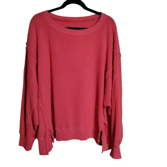 American Eagle Women’s Oversized Big Hug Waffle Crew Neck Sweatshirt Large - Picture 1 of 9